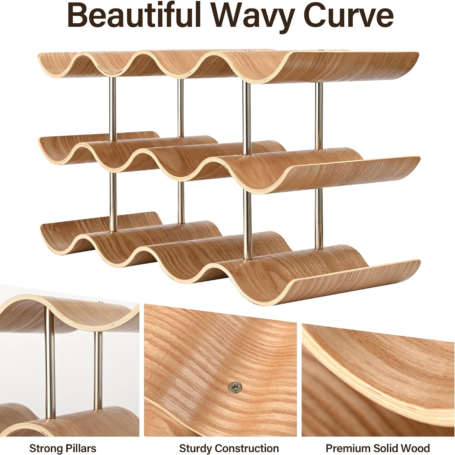 Wavy Wooden Wine Rack 12 Bottle Countertop Organiser: image 3